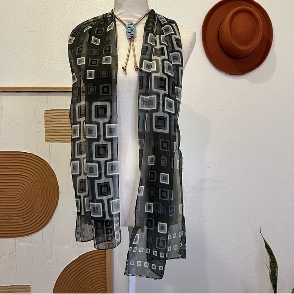 Vintage 90s Blue Green Mod Square Print Semi Sheer Long Wrap Scarf - Picture 2 of 7